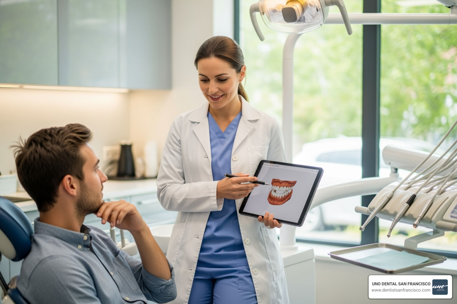 A dental professional at UNO DENTAL SAN FRANCISCO explaining a treatment plan to a patient - affordable porcelain veneers