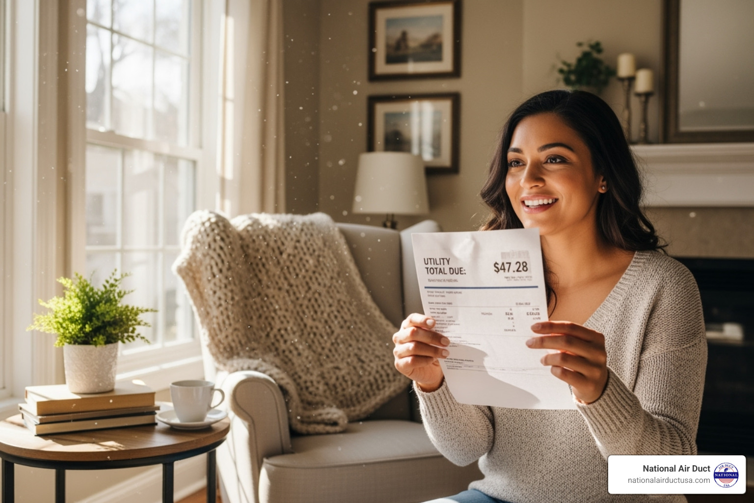 homeowner looking happily at their low utility bill - cleaning ac coils inside house