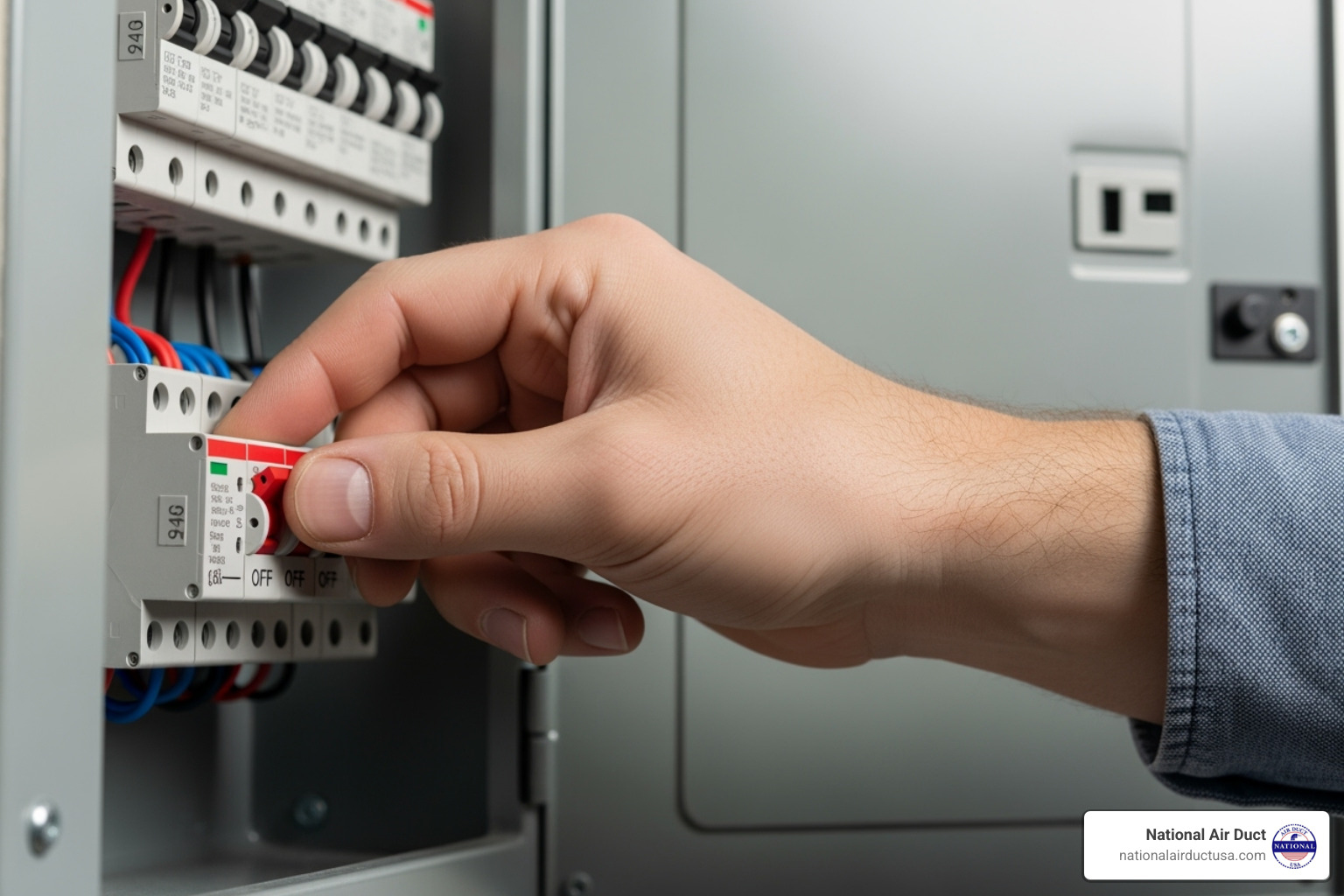 person safely turning off the power at the circuit breaker - cleaning ac coils inside house