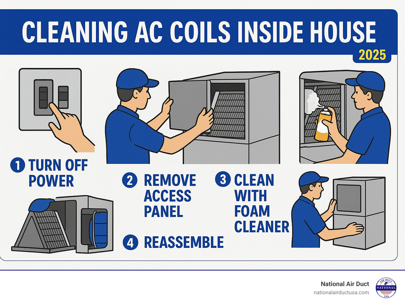 Infographic showing the indoor AC coil cleaning process with step-by-step illustrations including turning off power, accessing coils, cleaning with foam cleaner, and reassembly - cleaning ac coils inside house infographic 