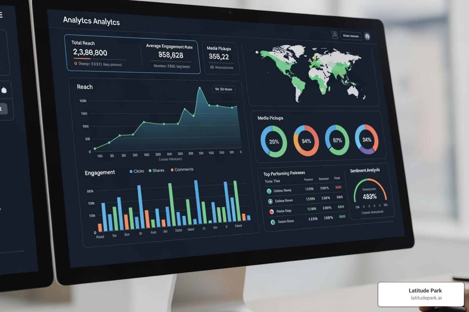 Analytics dashboard showing press release distribution performance, including reach, engagement, and media pickups - paid pr sites