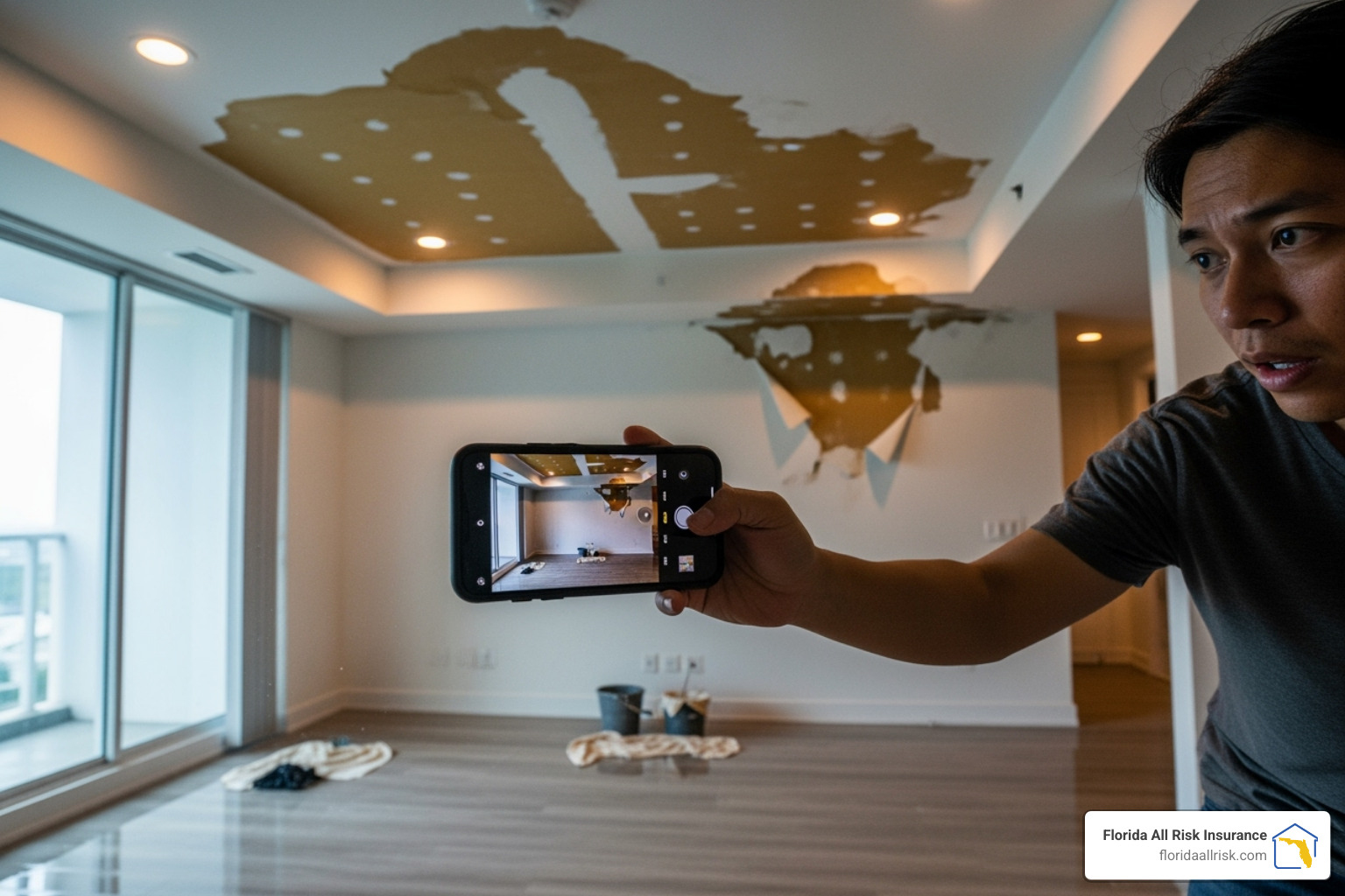 A person using a smartphone to take photos of water damage inside a condo unit. - condominium insurance claims