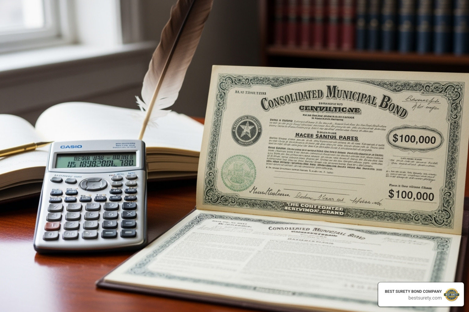 A calculator and a bond certificate are shown, symbolizing the financial calculation and legal documentation involved in securing a public adjuster bond. - public adjuster bond A calculator and a bond certificate are shown, symbolizing the financial calculation and legal documentation involved in securing a public adjuster bond. - public adjuster bond