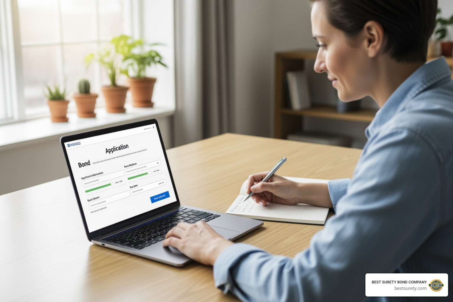 A person is shown applying for a bond on a laptop, emphasizing the speed and convenience of the online application process. - public adjuster bond A person is shown applying for a bond on a laptop, emphasizing the speed and convenience of the online application process. - public adjuster bond