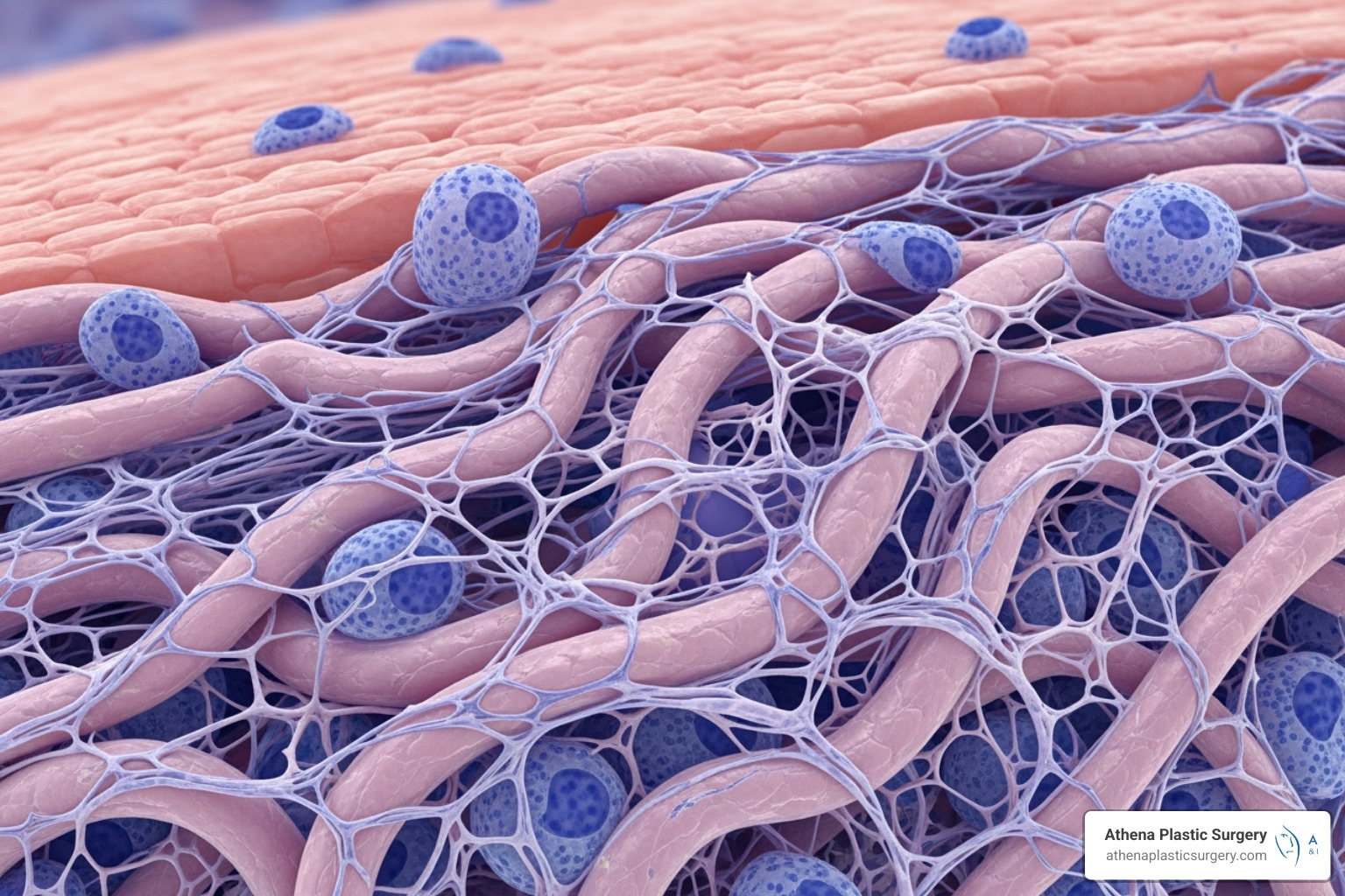 A magnified view of skin cells showing collagen and elastin fibers - Collagen induction therapy