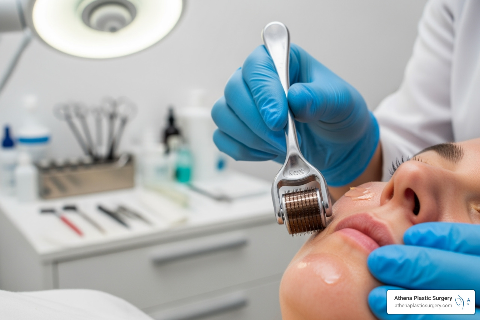 A professional performing microneedling in a clean, clinical setting - Collagen induction therapy