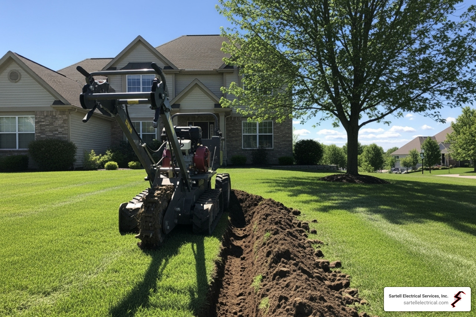 trenching machine in a residential yard - underground electrical wiring residential