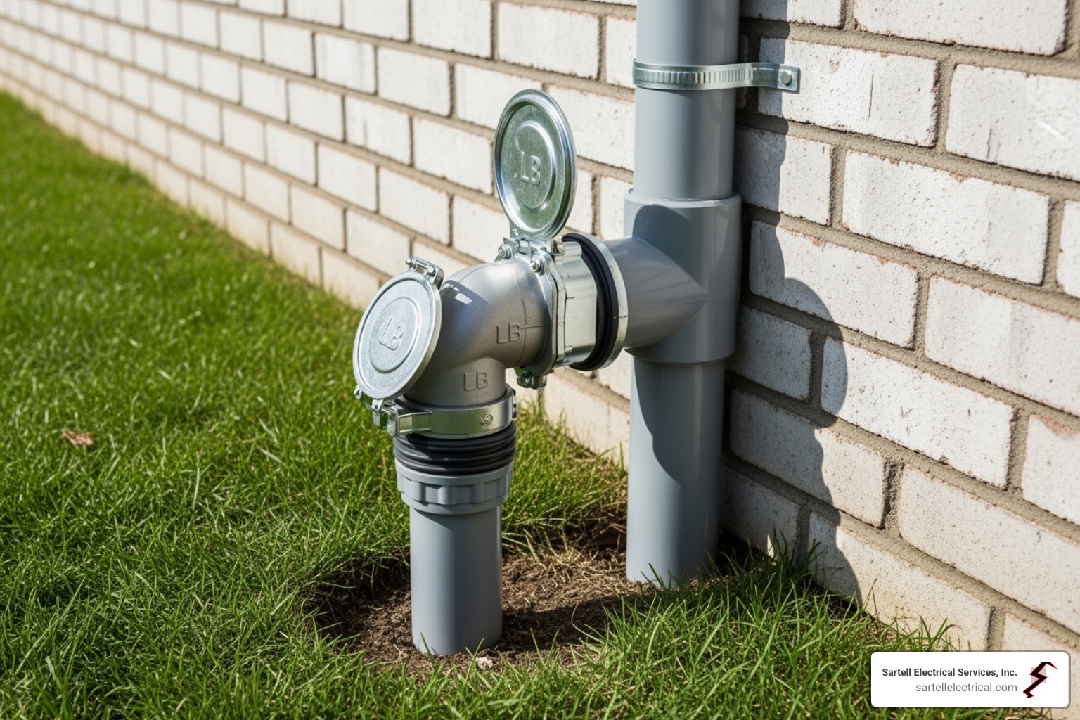 LB fitting connecting underground conduit to a house exterior - underground electrical wiring residential