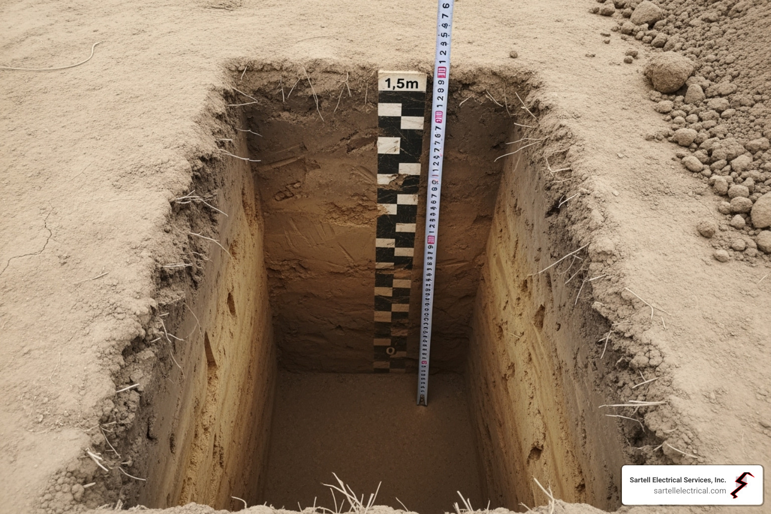 trench with a measuring tape showing proper depth - underground electrical wiring residential