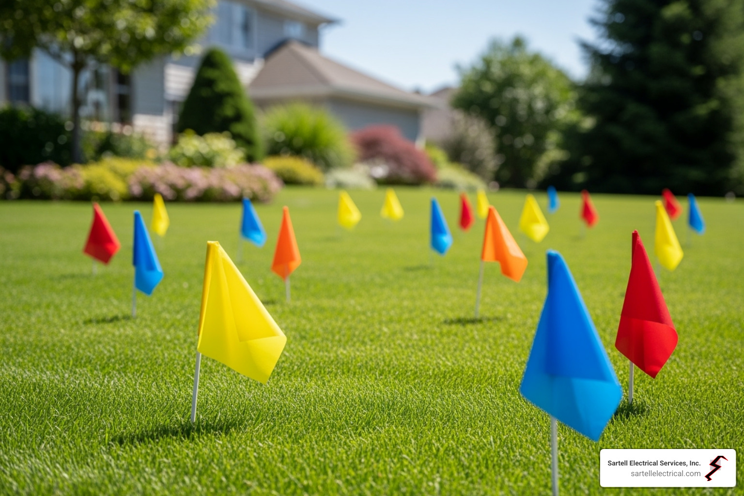 colored utility flags in a lawn - underground electrical wiring residential colored utility flags in a lawn - underground electrical wiring residential