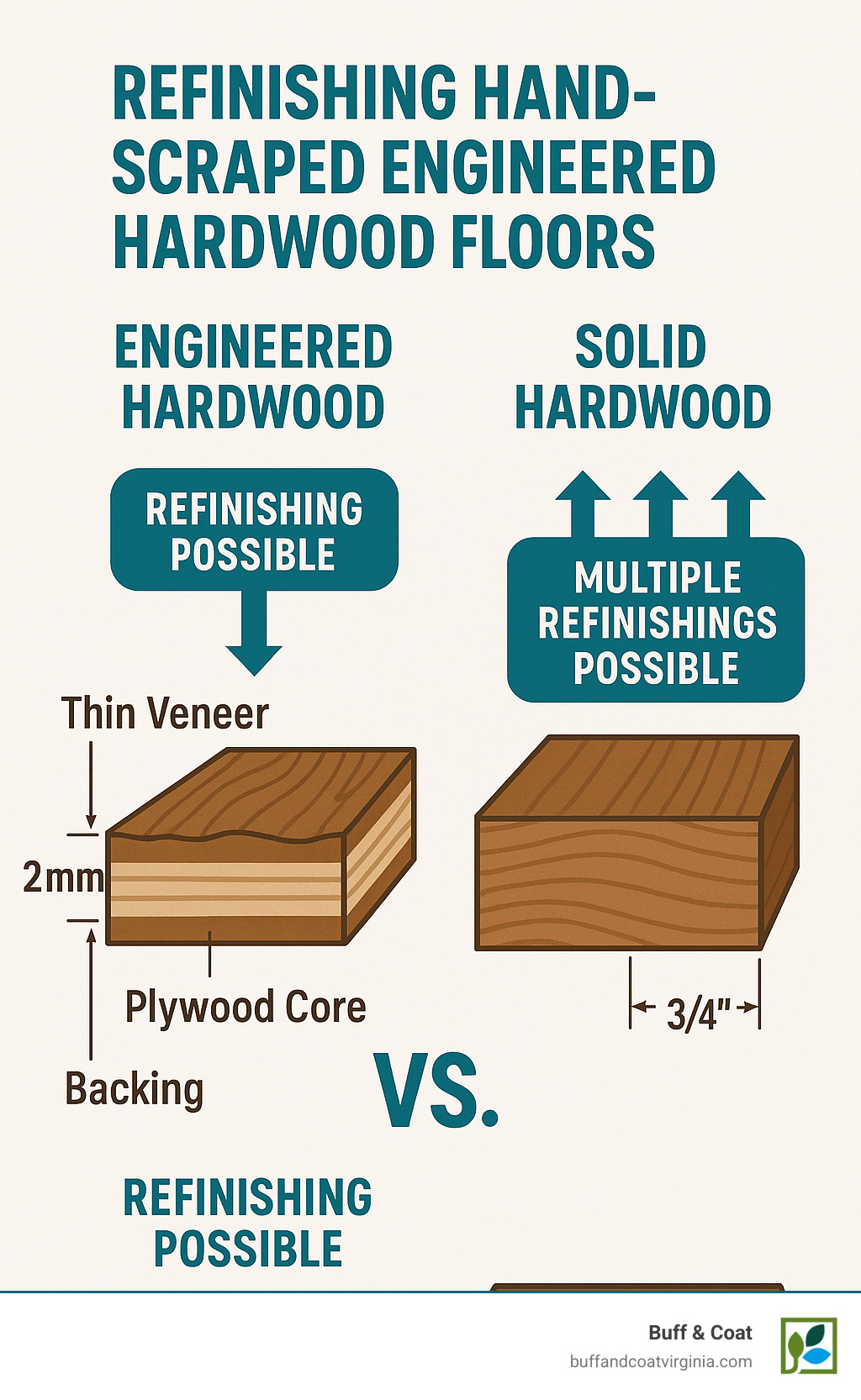 Detailed cross-section comparison showing engineered hardwood layers (thin veneer, plywood core, backing) versus solid hardwood construction, with measurements and refinishing potential indicators - refinish hand scraped engineered hardwood floors infographic Detailed cross-section comparison showing engineered hardwood layers (thin veneer, plywood core, backing) versus solid hardwood construction, with measurements and refinishing potential indicators - refinish hand scraped engineered hardwood floors infographic