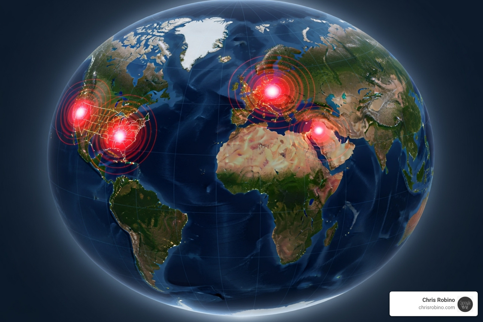 World map with hotspots over the US, China, and India - global media industry analysis