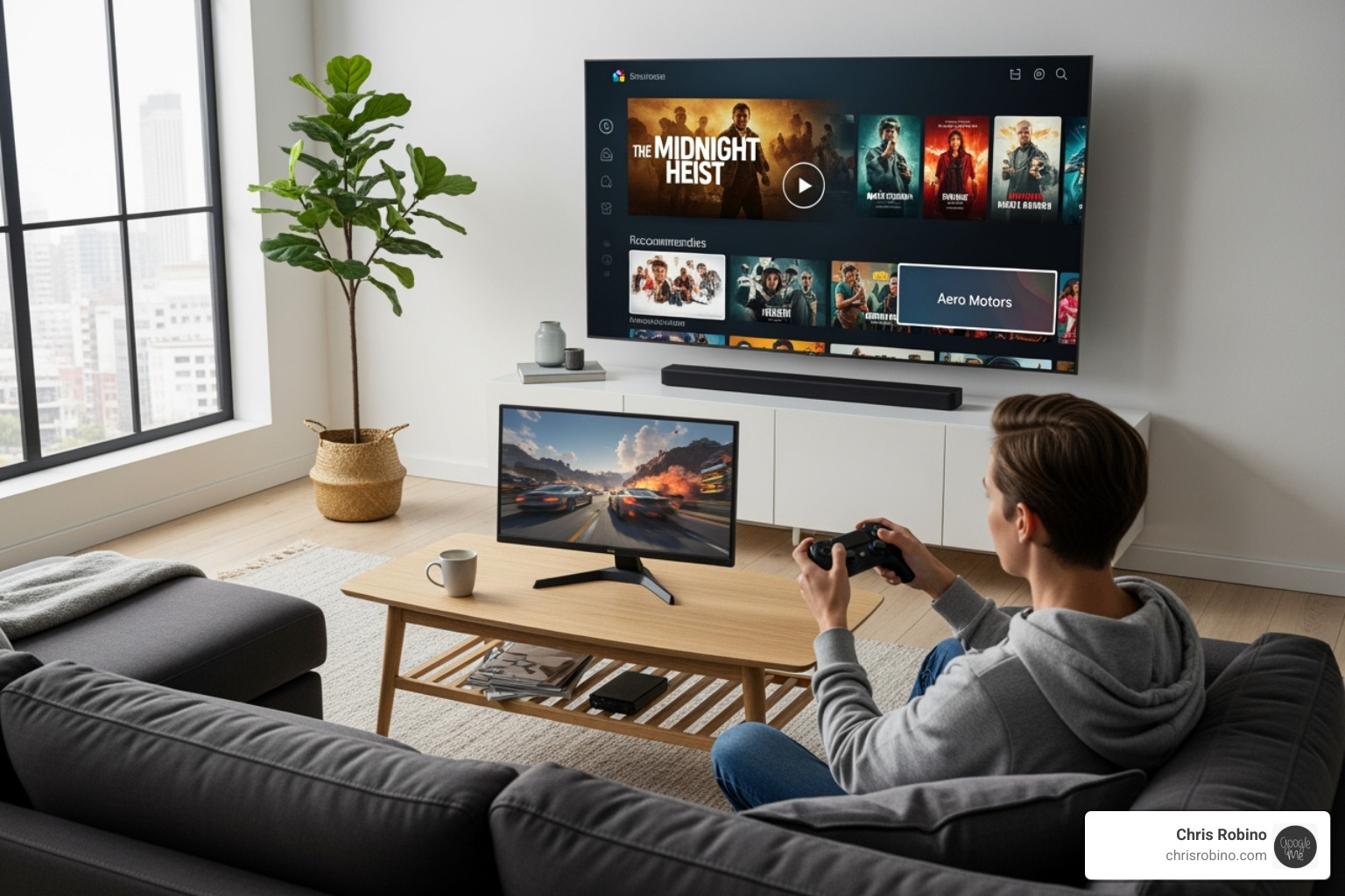Connected TV ad, a person playing a video game, and a streaming service interface - global media industry analysis