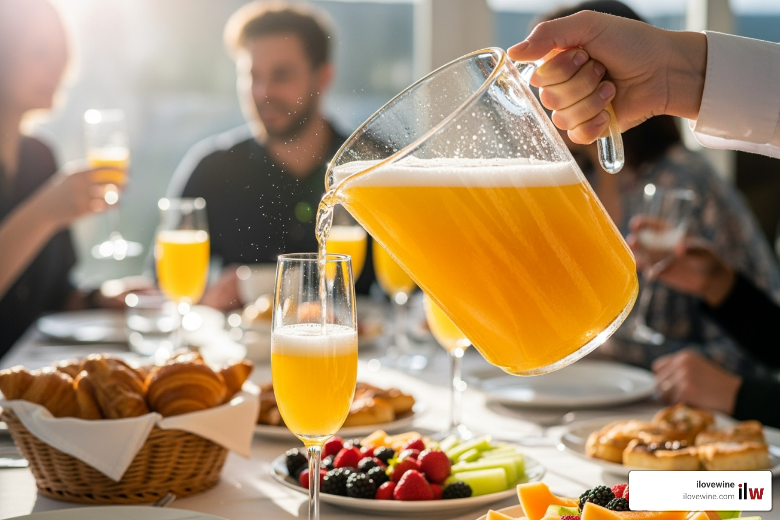 a large glass pitcher filled with mimosas being served to guests - how to make mimosas at home