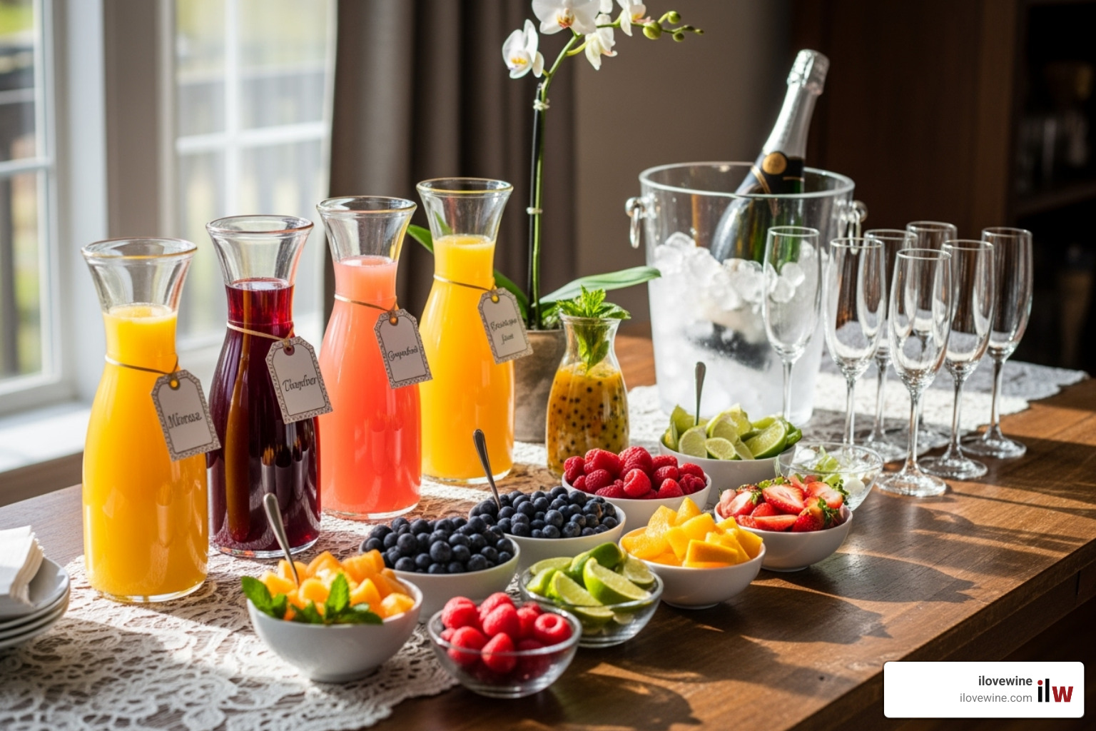 a mimosa bar with different juices and fruit garnishes - how to make mimosas at home