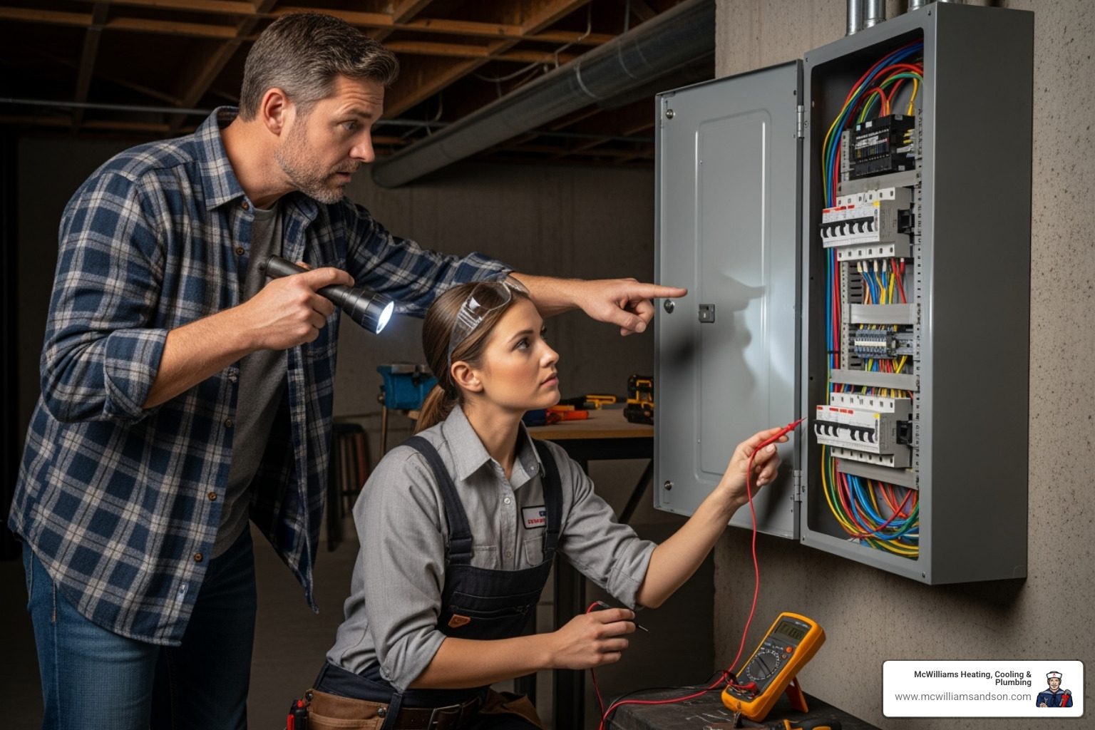 homeowner and technician looking at an electrical panel - natural gas generator installation