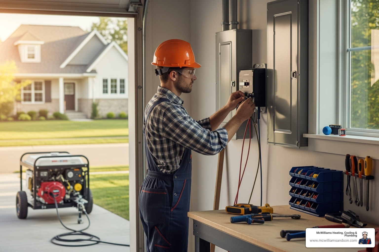 licensed technician installing a transfer switch - natural gas generator installation
