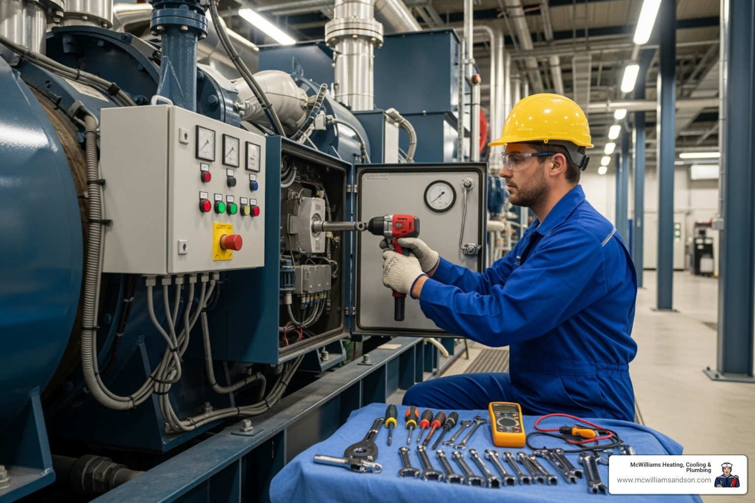 technician performing annual maintenance on a generator - natural gas generator installation