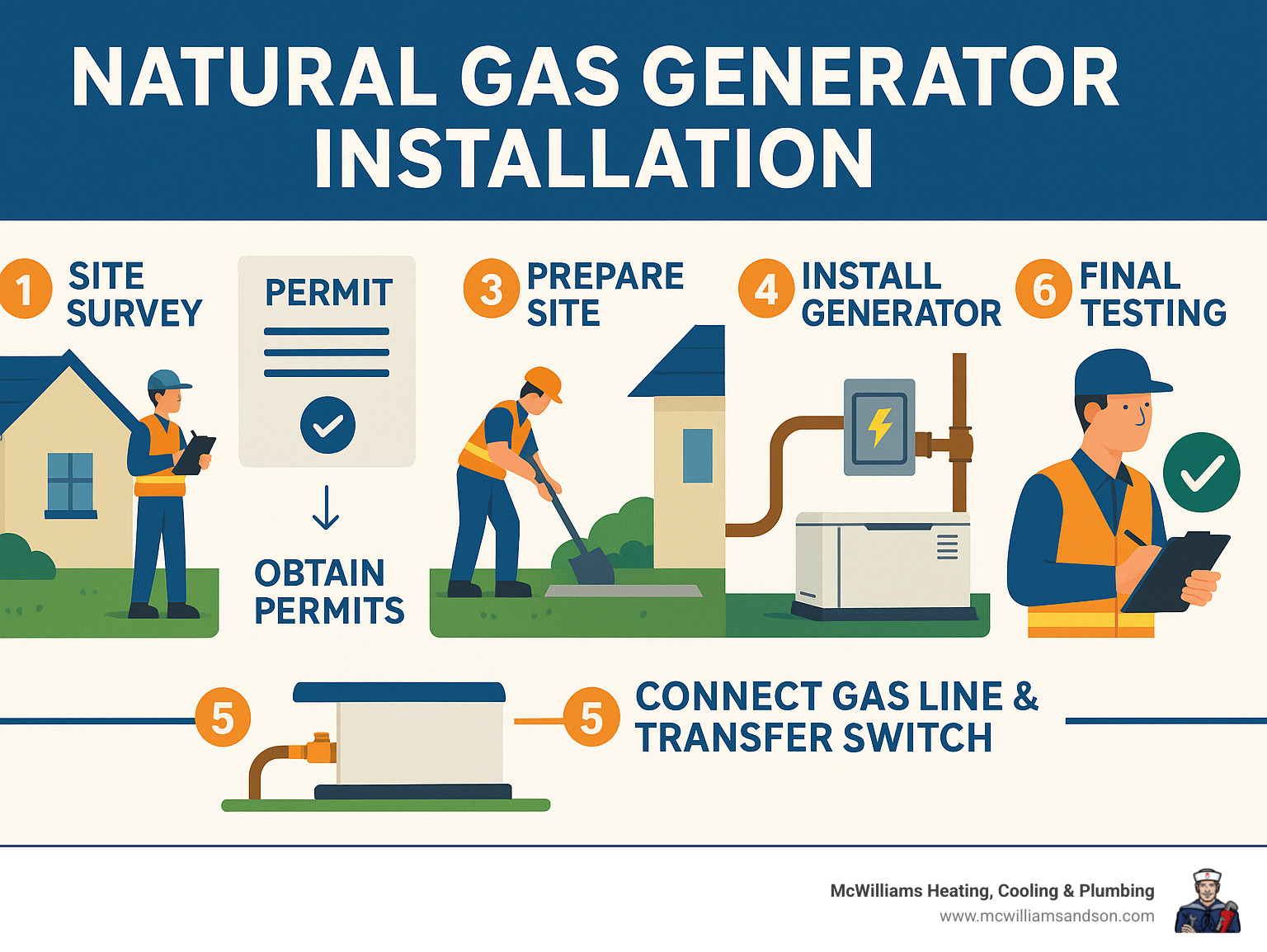 Infographic showing the complete natural gas generator installation process from initial site survey through final testing, including automatic transfer switch installation, gas line connection, and permit requirements - natural gas generator installation infographic 