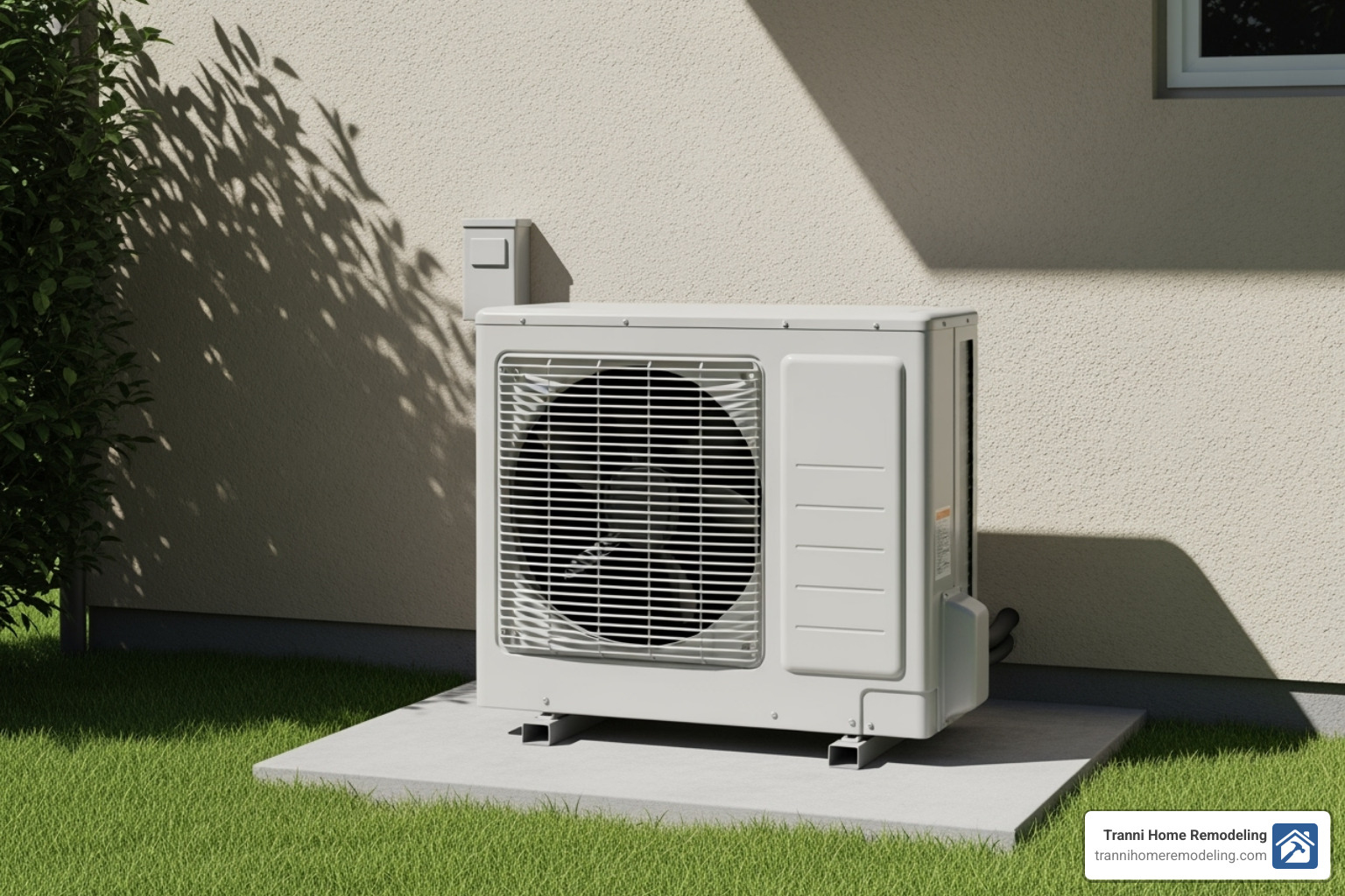 A properly mounted outdoor condenser on a concrete pad with adequate clearance - Mini Split Installation A properly mounted outdoor condenser on a concrete pad with adequate clearance - Mini Split Installation