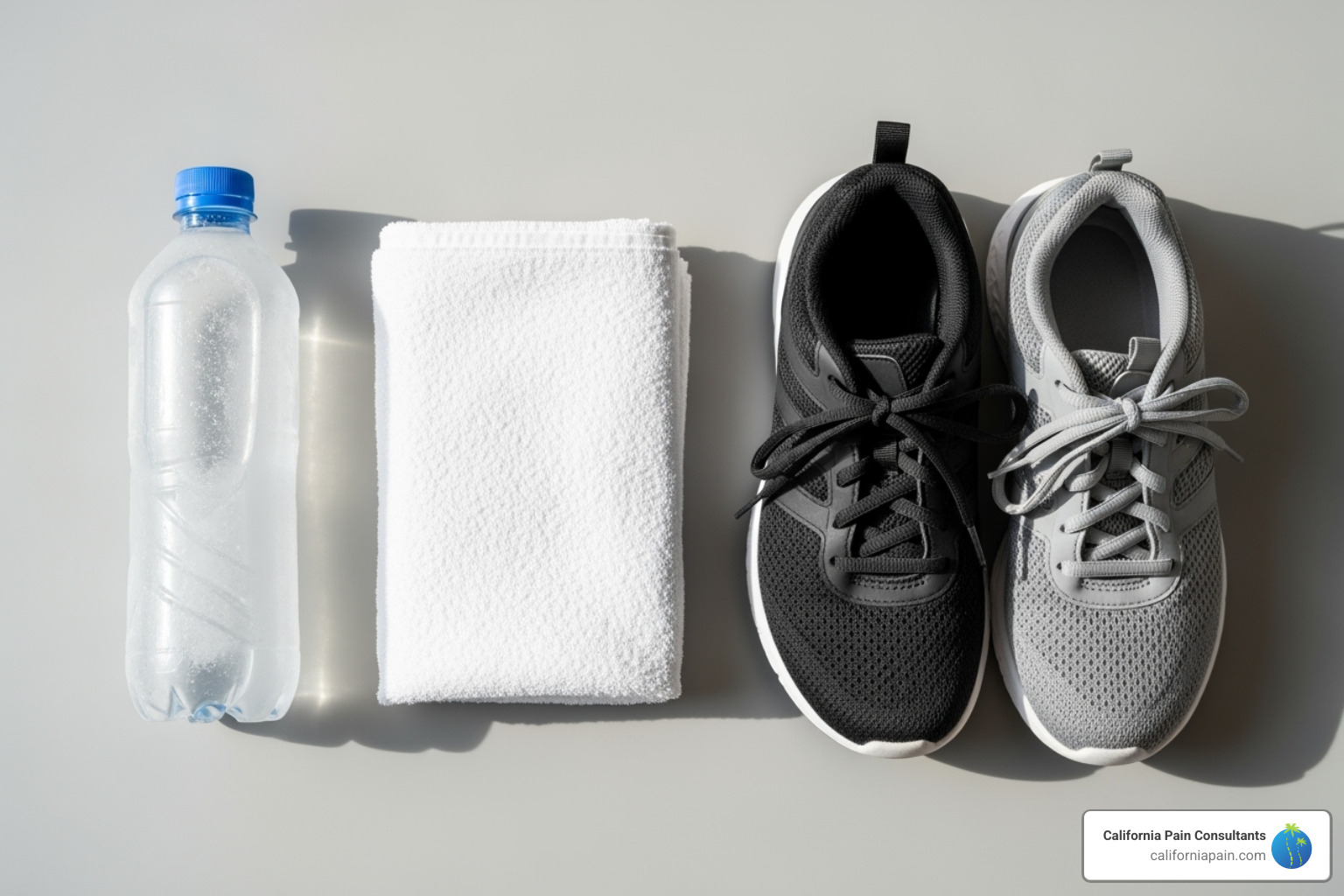 showcasing a collection of home remedy items like a frozen water bottle, a towel, and supportive shoes - home remedies for sore heels