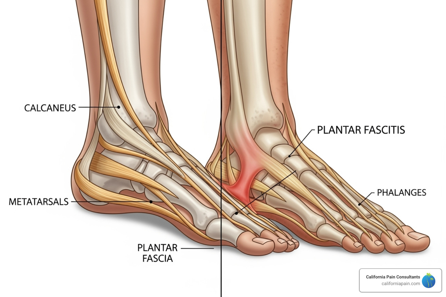 illustrating the difference between a healthy foot and one with plantar fasciitis - home remedies for sore heels