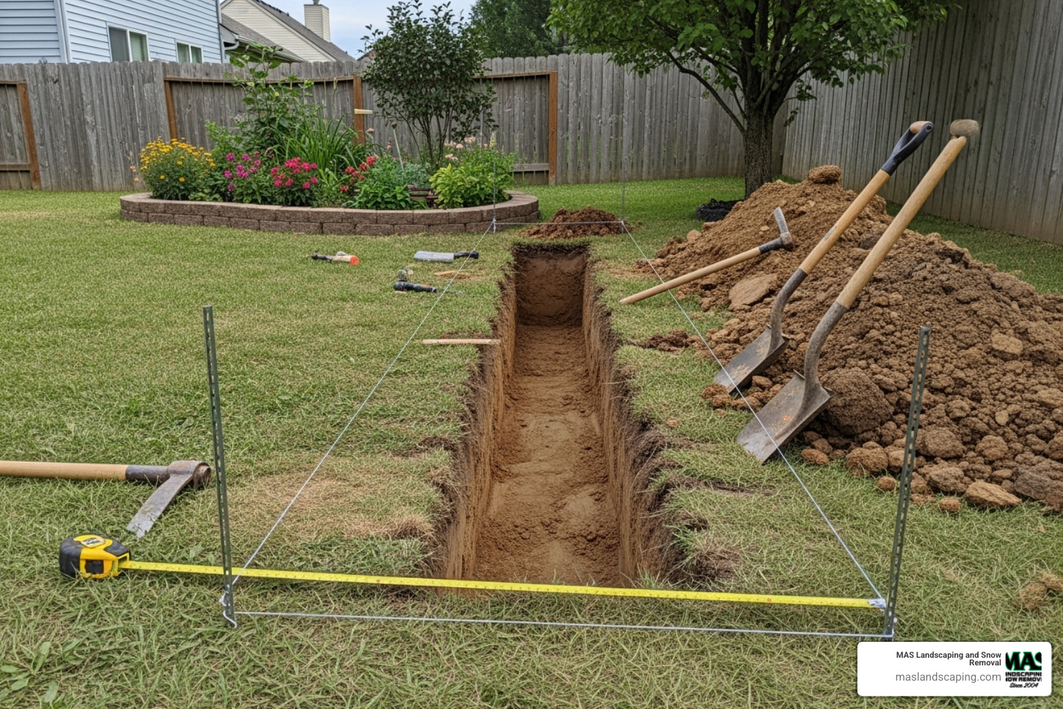 marked-out and partially excavated trench with string lines - how to build a retaining wall with landscape timbers marked-out and partially excavated trench with string lines - how to build a retaining wall with landscape timbers