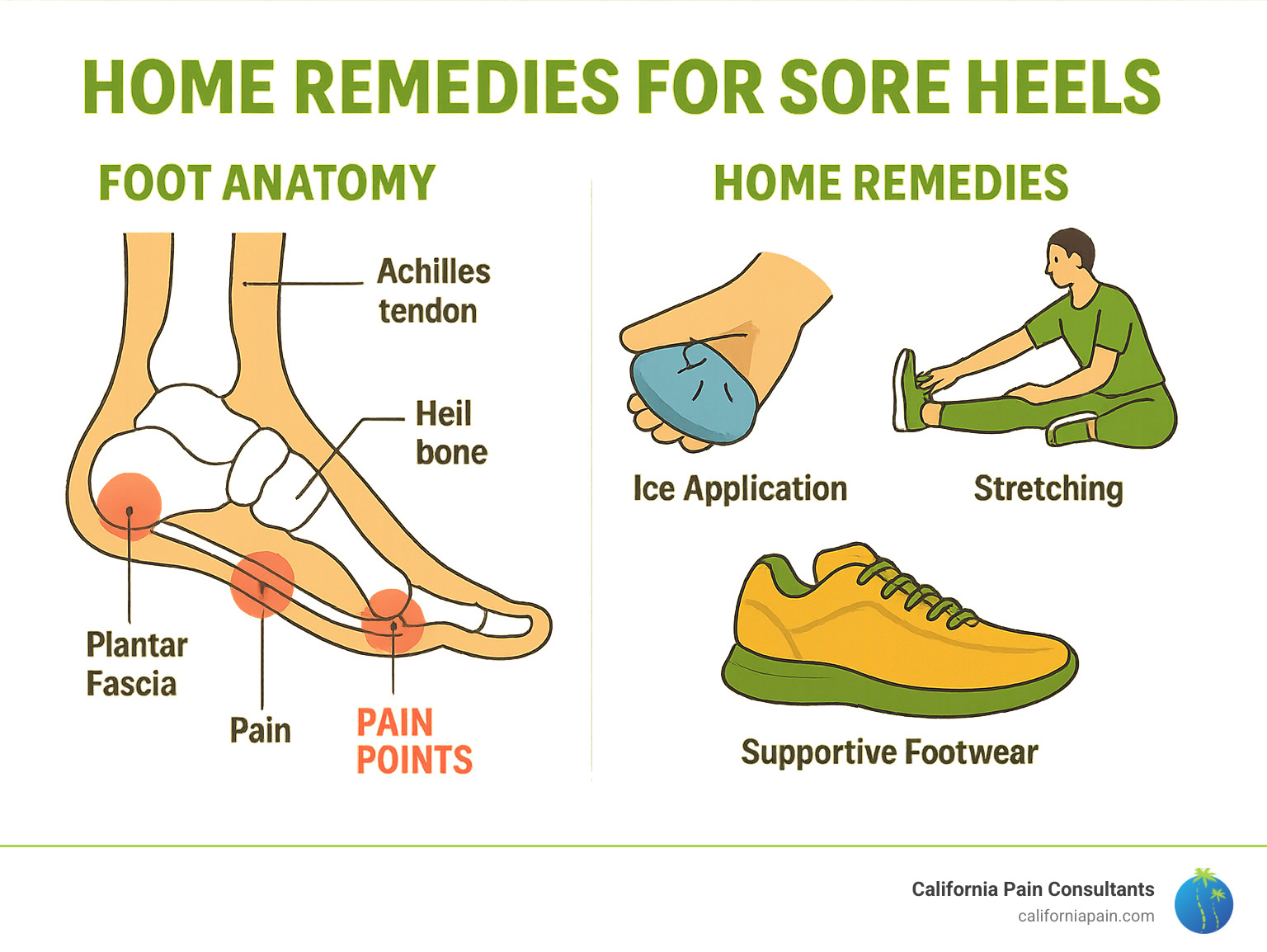 Detailed infographic showing foot anatomy with plantar fascia, heel bone, Achilles tendon, and common pain points, plus illustrations of effective home remedies including ice application, stretching positions, and proper footwear - home remedies for sore heels infographic 