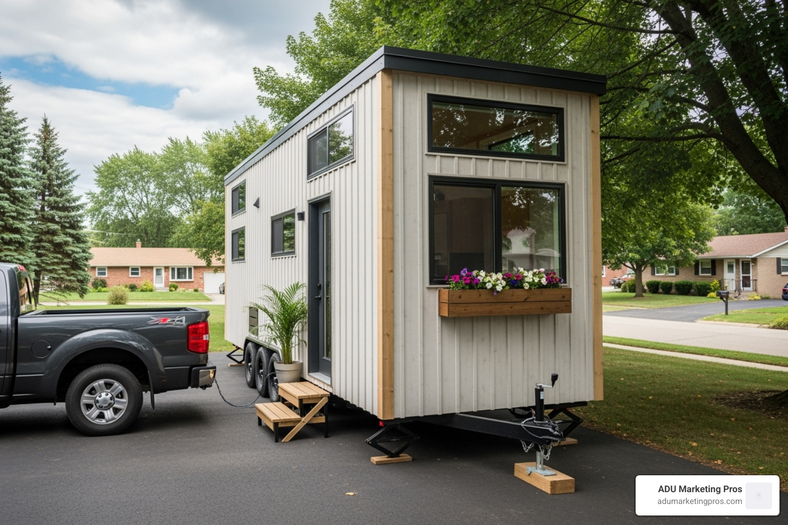 A finished tiny home on wheels parked in a driveway, ready for travel, highlighting its portability and classification as personal property - Tiny house financing