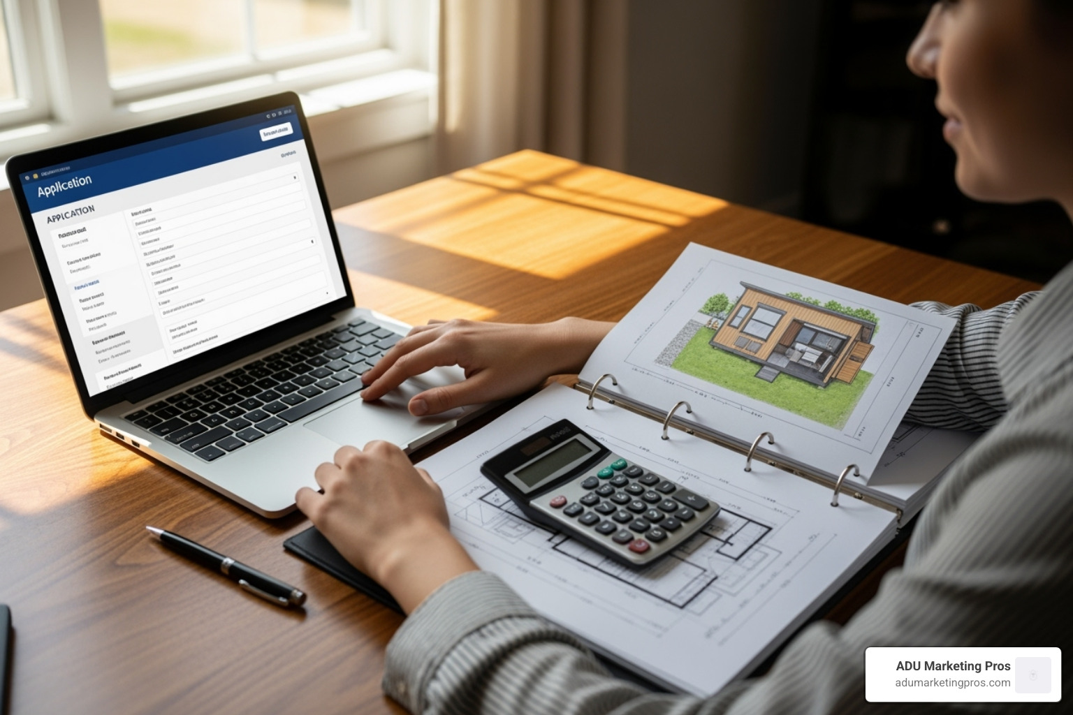A person sitting at a desk with a laptop, calculator, and blueprints for a tiny house, looking confident and ready to apply for financing - Tiny house financing