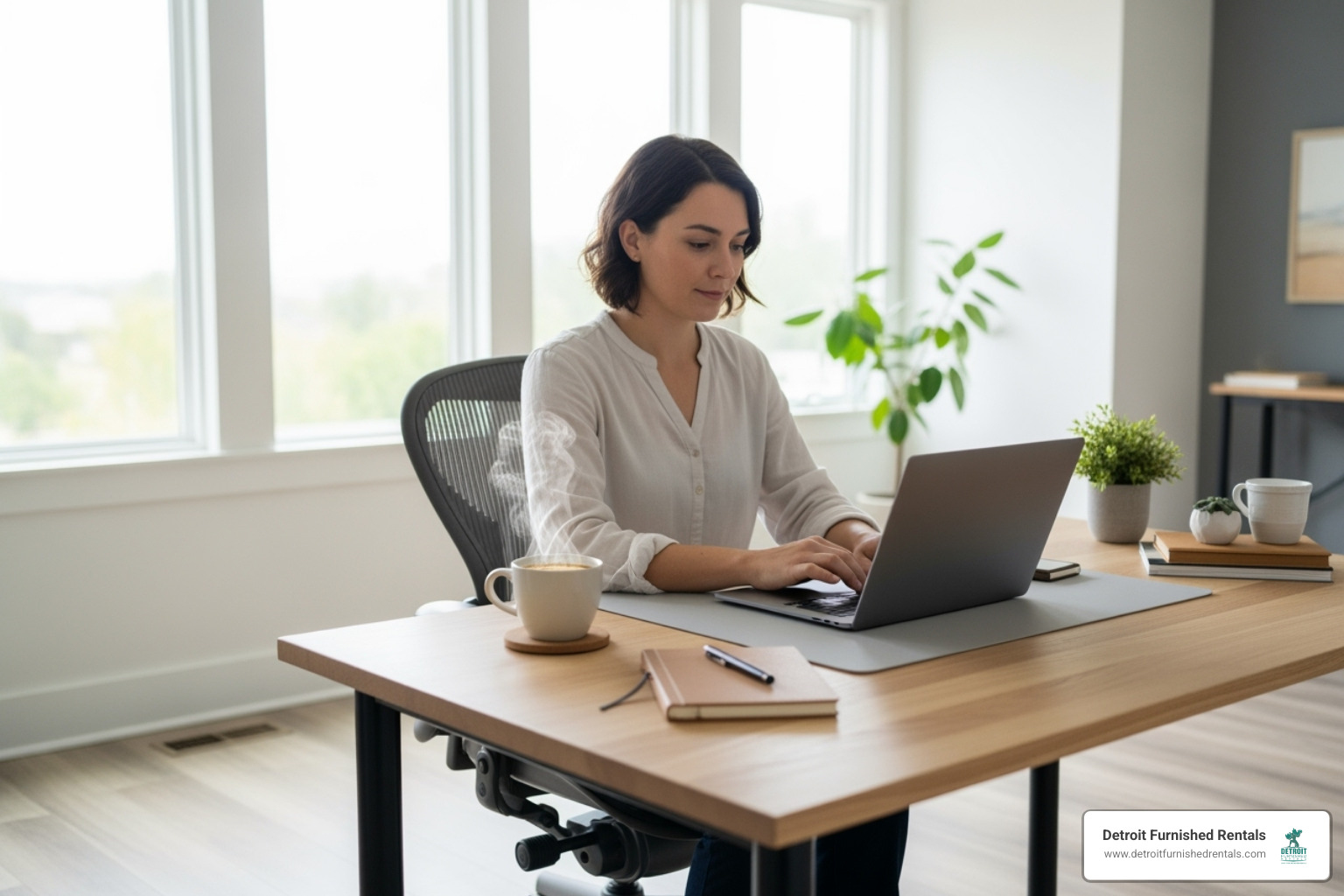 A person working comfortably at a dedicated desk in a bright, modern home office space with a laptop and a cup of coffee - furnished long term rentals
