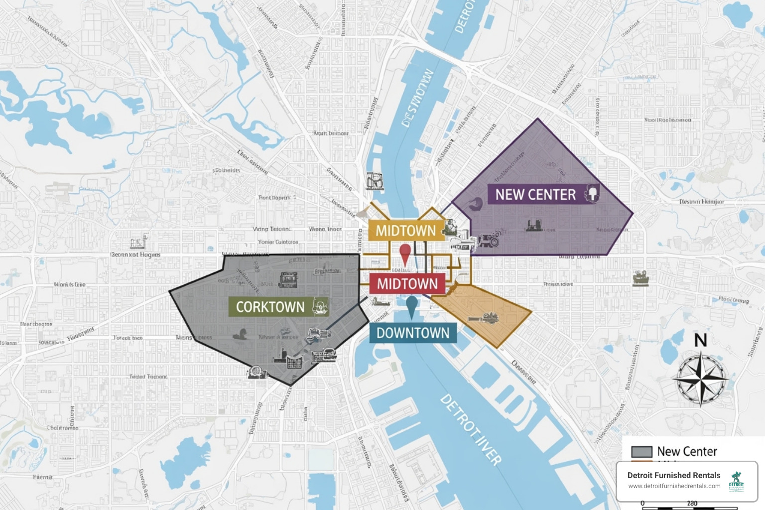 A map highlighting popular neighborhoods for furnished long-term rentals in Detroit, showing downtown, Midtown, Corktown, and New Center districts - furnished long term rentals