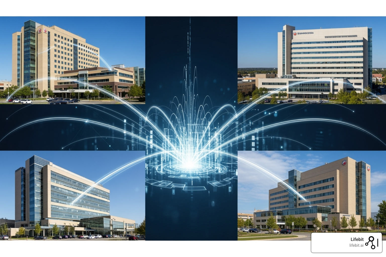 Image of a federated network of hospitals all using the same data model to collaborate on a study - Clinical data models