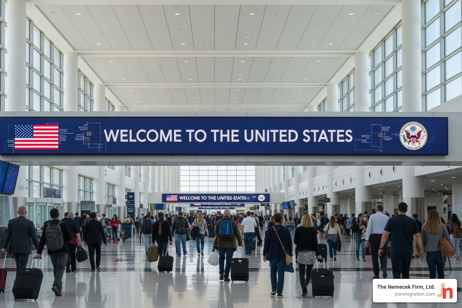 airport arrivals hall with a "Welcome to the United States" sign - US visa application help