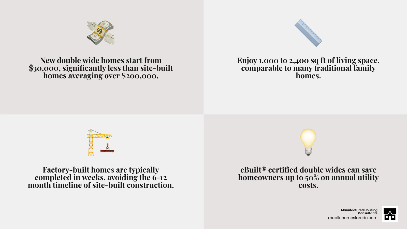 Detailed comparison infographic showing cost breakdown, square footage, construction timeline, and energy efficiency ratings between brand new double wide mobile homes and traditional site-built homes, including average prices, build times, and annual utility costs - brand new double wide mobile homes for sale infographic 4_facts_emoji_grey Detailed comparison infographic showing cost breakdown, square footage, construction timeline, and energy efficiency ratings between brand new double wide mobile homes and traditional site-built homes, including average prices, build times, and annual utility costs - brand new double wide mobile homes for sale infographic 4_facts_emoji_grey