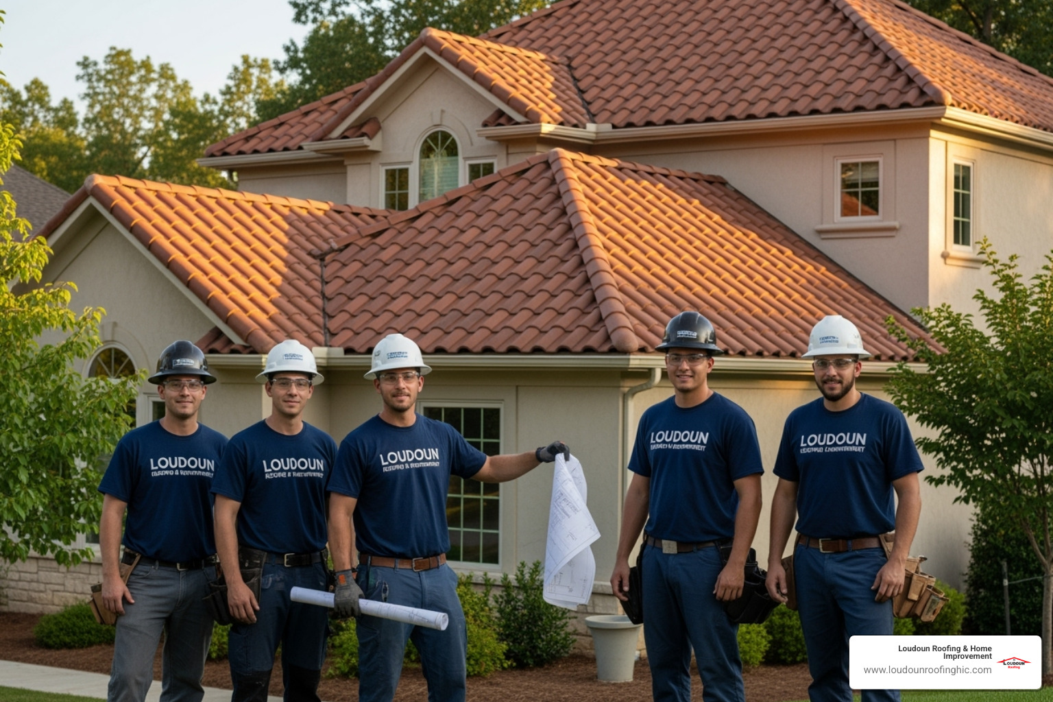 Loudoun Roofing & Home Improvement team in front of a completed project - tile roofers near me