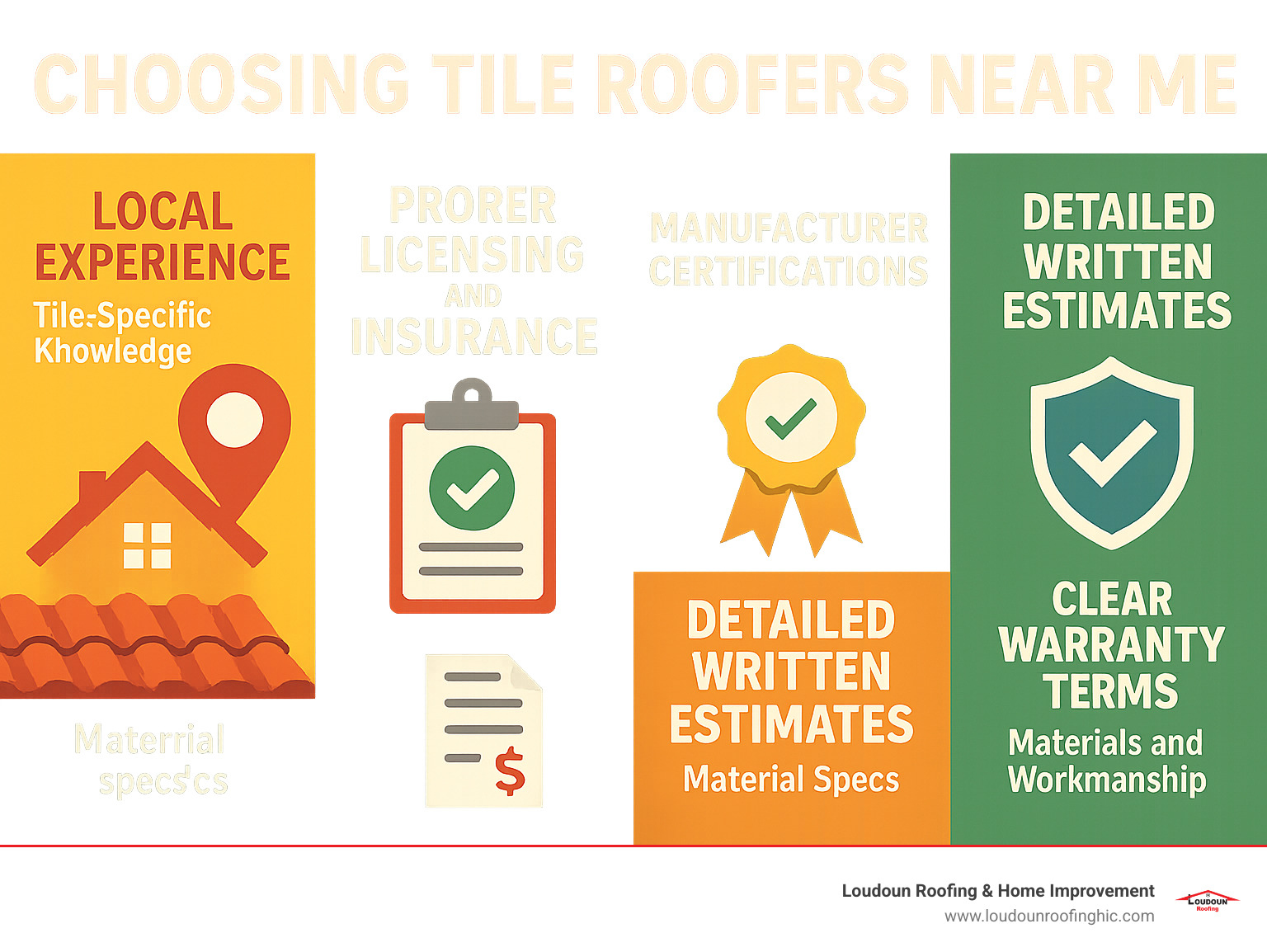 Infographic showing key factors when choosing tile roofers near me: Local Experience with tile-specific knowledge, Proper Licensing and Insurance coverage, Manufacturer Certifications from tile producers, Detailed Written Estimates with material specs, and Clear Warranty Terms for materials and workmanship - tile roofers near me infographic 