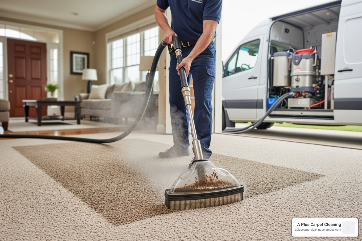 A technician expertly using a powerful truck-mounted steam cleaner on a residential carpet, showing steam plumes and removed dirt being vacuumed away - carpet cleaning companies in columbus