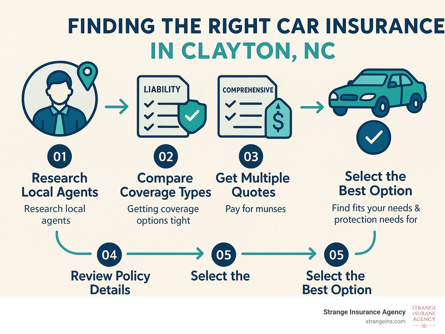 Infographic showing the step-by-step process for choosing car insurance in Clayton NC, including researching local agents, comparing coverage types like liability and comprehensive, getting multiple quotes, reviewing policy details, and selecting the best option for your needs and budget - car insurance companies in clayton nc infographic 