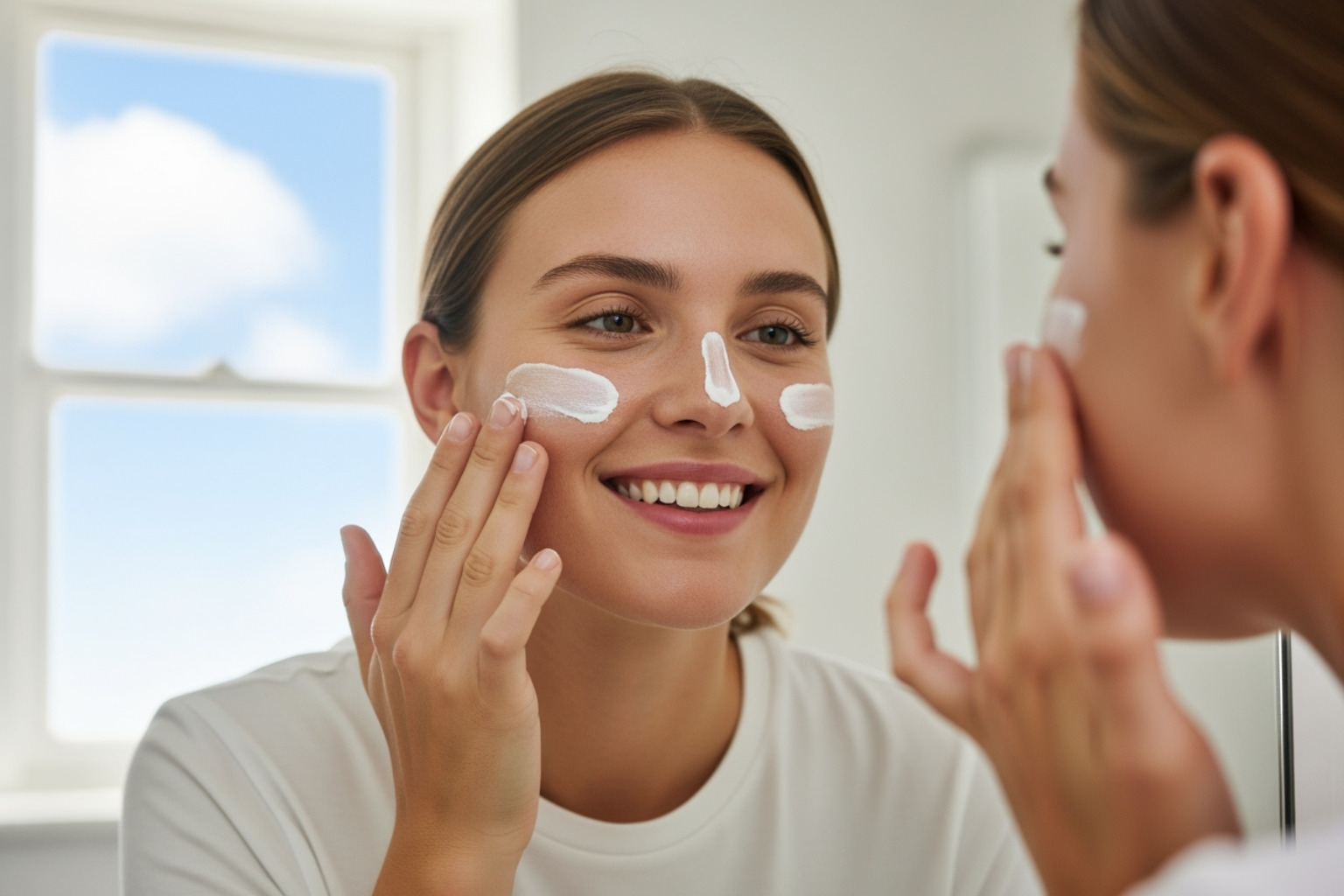 person applying sunscreen to face - what is the best product for shrinking pores