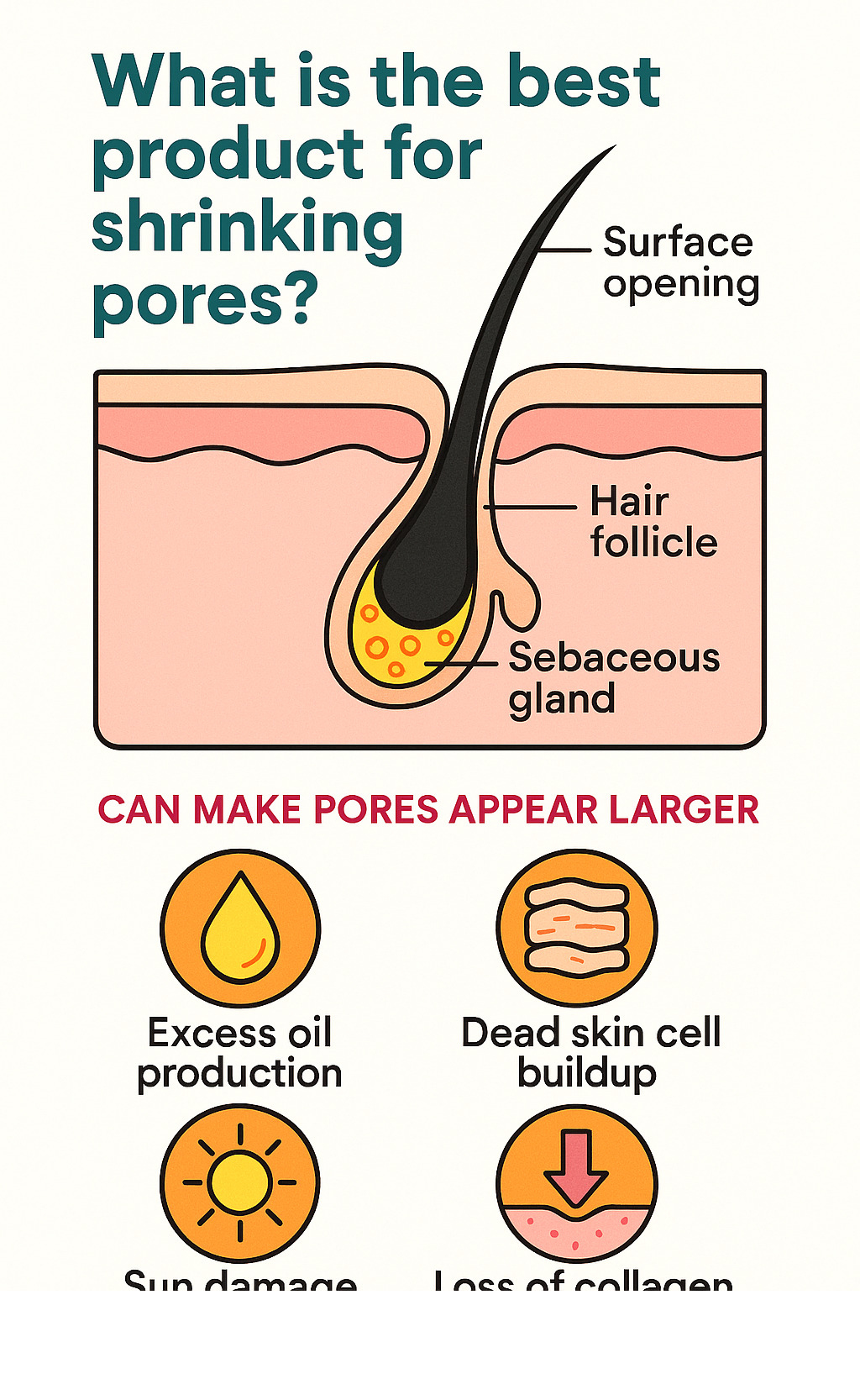 Infographic showing cross-section of a skin pore with sebaceous gland, hair follicle, and surface opening, plus factors that make pores appear larger including excess oil production, dead skin cell buildup, sun damage, and loss of collagen - what is the best product for shrinking pores infographic 