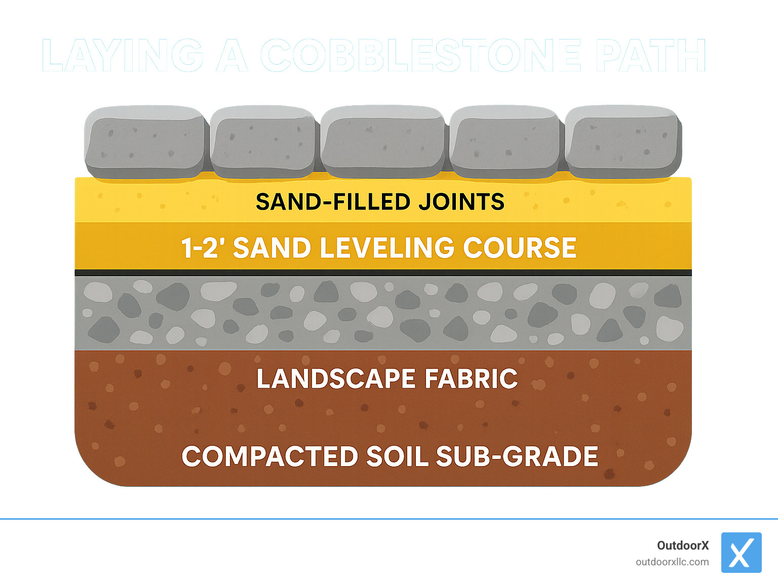 Cross-section diagram showing the layers of a cobblestone path installation from bottom to top: compacted soil sub-grade, landscape fabric, 4-6 inch gravel base layer, 1-2 inch sand leveling course, and cobblestones on top with sand-filled joints - laying a cobblestone path infographic 