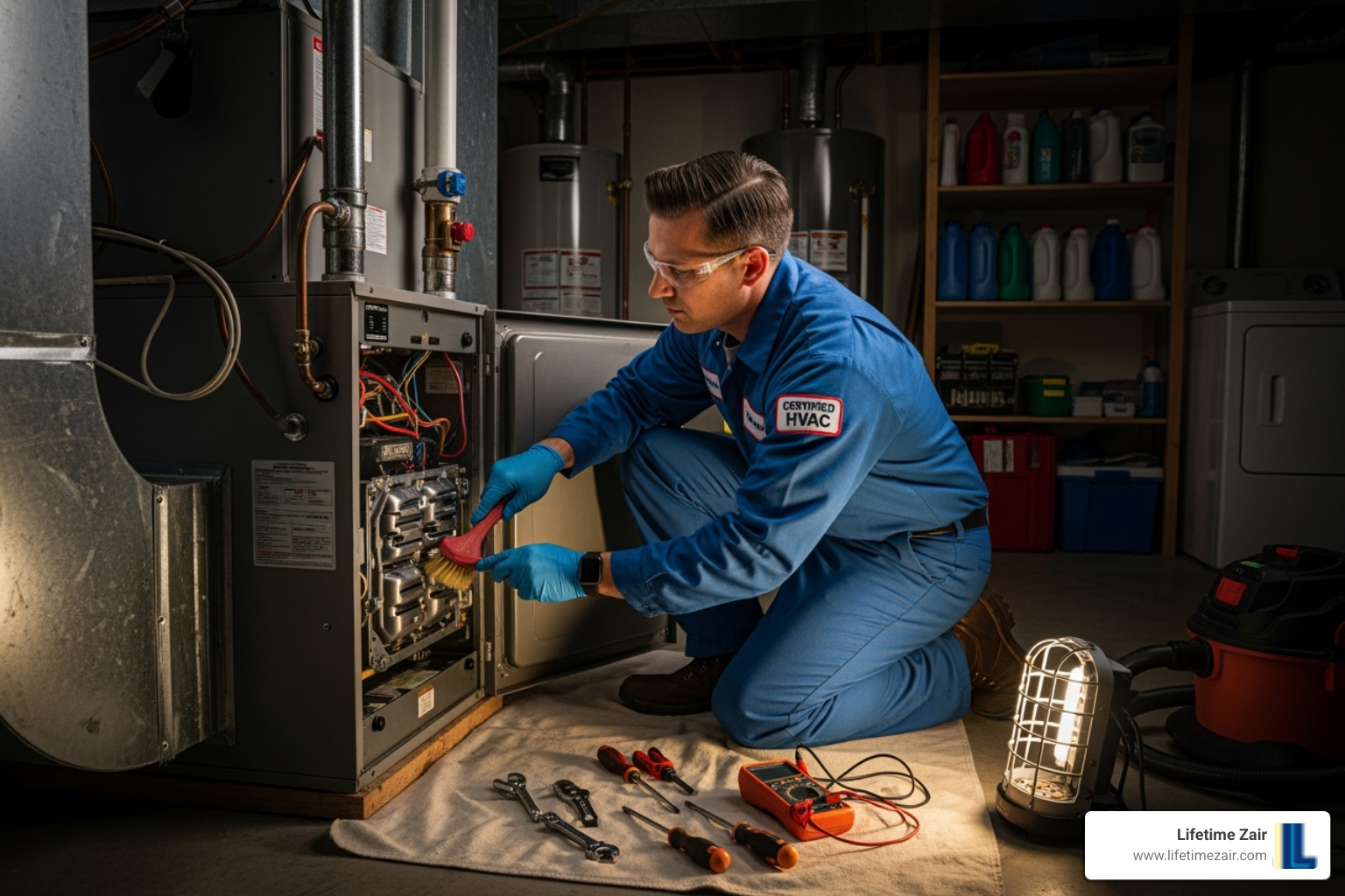 of a certified technician performing furnace maintenance - Furnace service Grapevine TX
