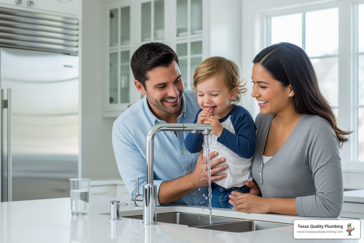 A family enjoying clean water from their kitchen tap - quality water softener systems