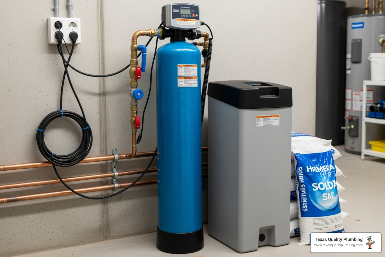 A high-quality water softener system with its main parts labeled - quality water softener systems