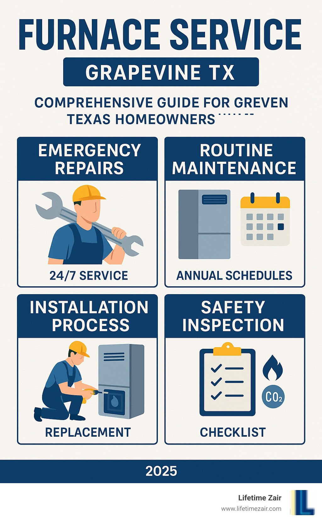 Comprehensive guide showing furnace service types including emergency repairs, routine maintenance schedules, installation process, and safety inspection checklist for Grapevine TX homeowners - Furnace service Grapevine TX infographic 