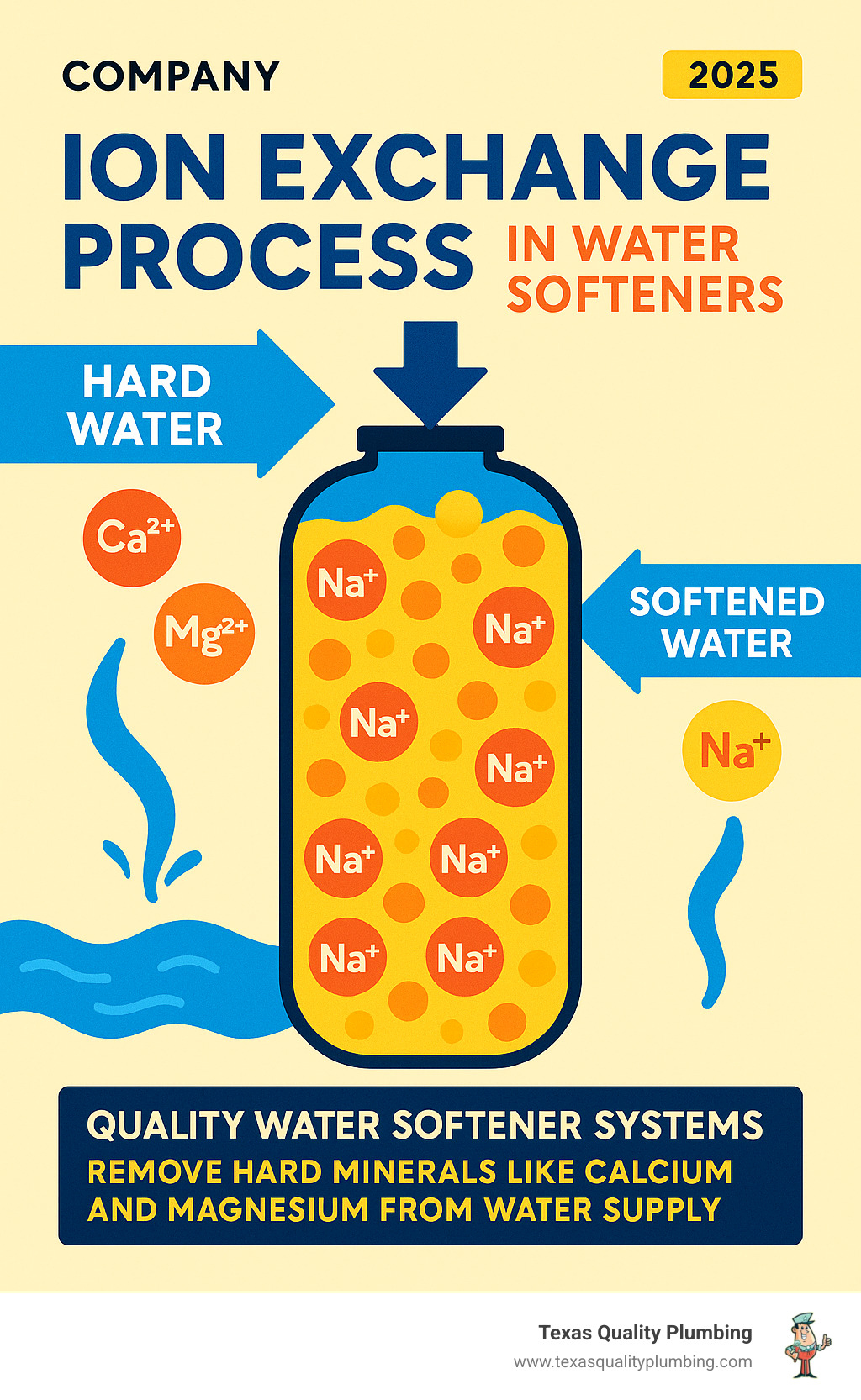 Infographic showing ion exchange process in water softeners with hard minerals being replaced by sodium ions through resin beads - quality water softener systems infographic 