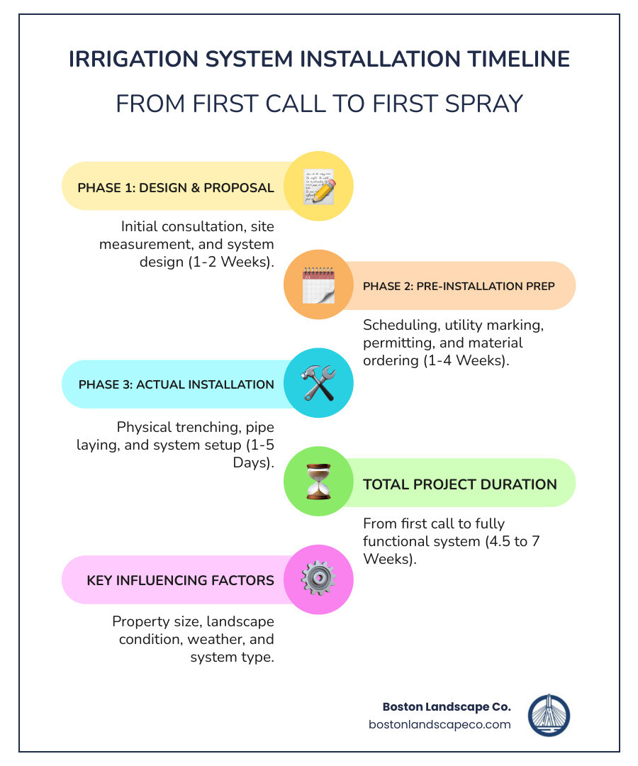 Detailed infographic showing irrigation installation timeline from initial consultation through system activation, including phase durations, key milestones, and factors affecting timing - how long does it take to install irrigation system infographic infographic-line-5-steps-colors