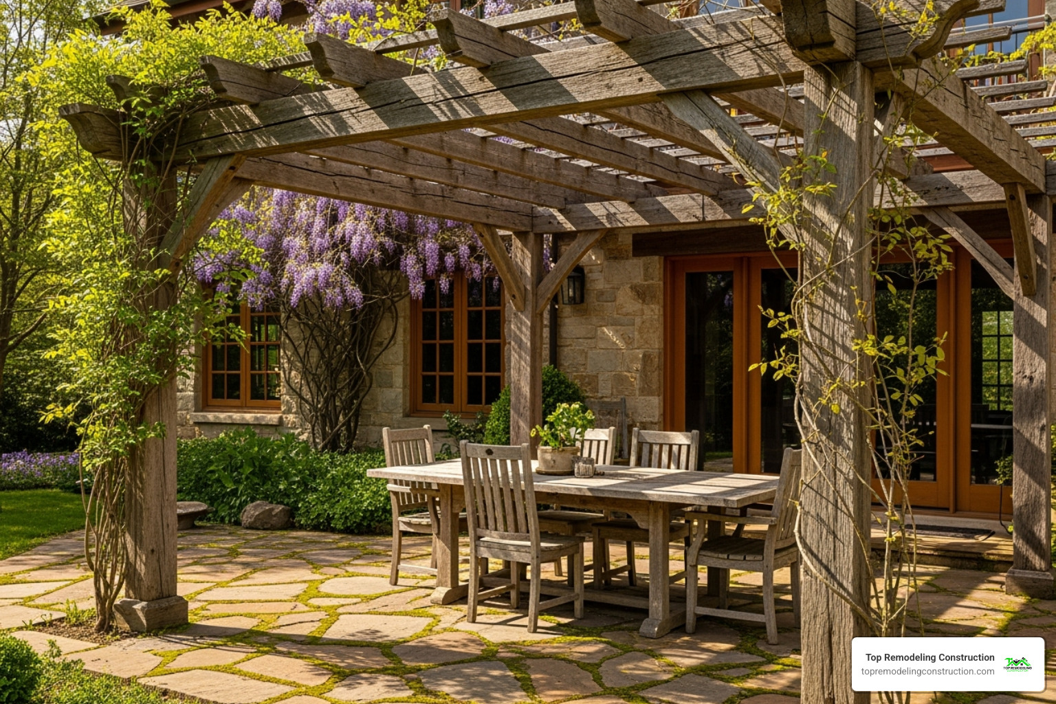 Covered patio with a rustic wooden pergola attached to a house - covered patio ideas Covered patio with a rustic wooden pergola attached to a house - covered patio ideas