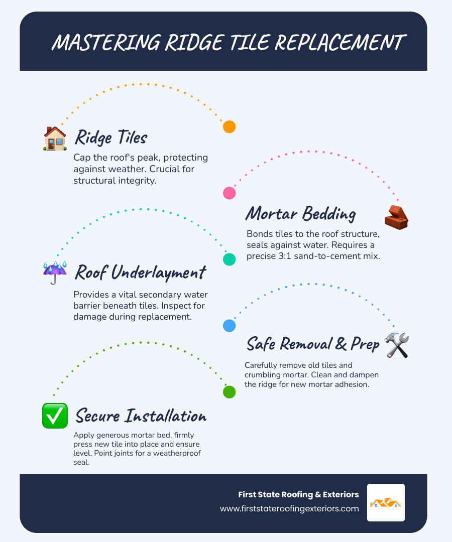 Detailed infographic showing roof anatomy with ridge tiles, mortar bedding, underlayment, and proper installation techniques for ridge tile replacement - ridge tile replacement infographic infographic-line-5-steps-blues-accent_colors